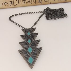 Blue and Bronze Geometric Pendant Necklace